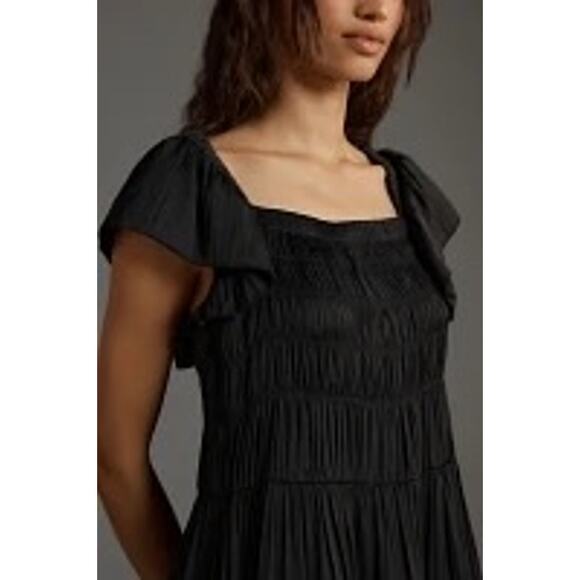Anthropologie NWT Black Flutter Sleeve Square Neck Smocked Mini Dress Size M - Picture 12 of 12
